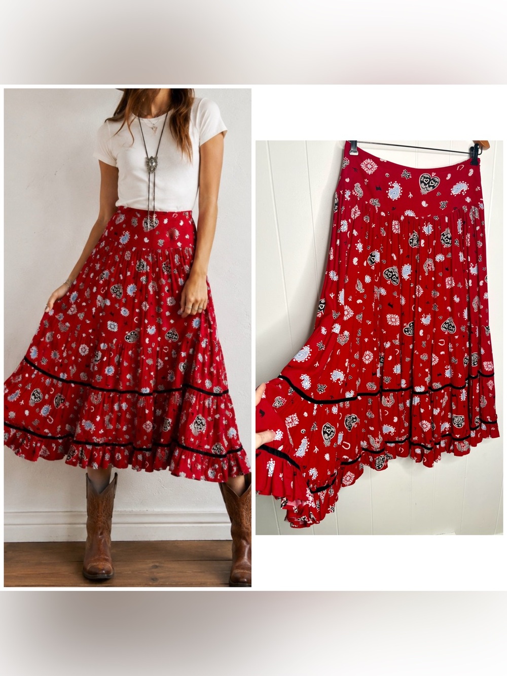 🐴❤️SCULLY Western Wear Bandana Skirt Prairie Rodeo Skirt Red Long Maxi Circle